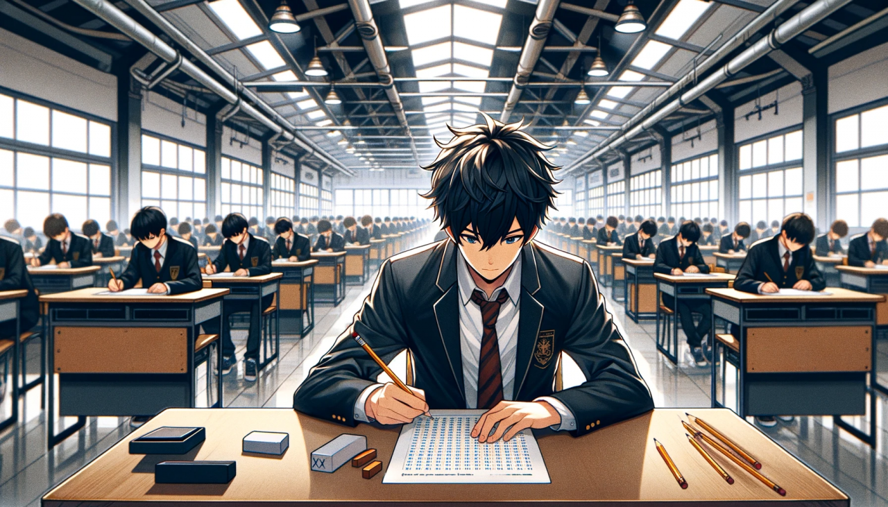 DALL·E 2024-02-17 15.17.17 - Create a wide anime-style illustration of a male high school student taking an exam in a large hall. The student should be seated at a long desk with 