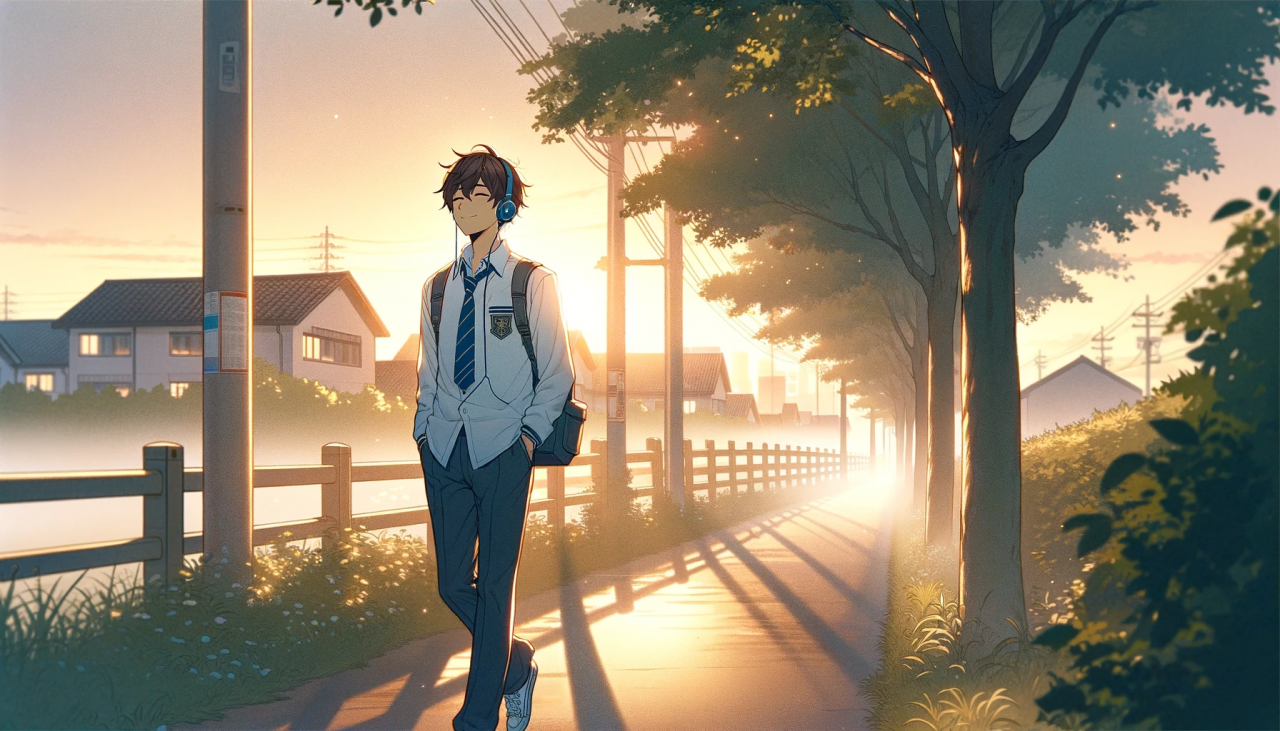 DALL·E 2024-02-20 14.58.14 - Create a wide anime-style illustration of a male high school student going for a morning walk. The scene is set in a quiet, suburban area just as the 