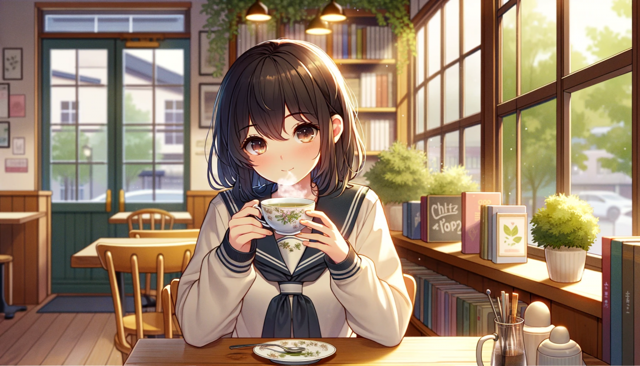 DALL·E 2024-02-20 14.58.16 - Create a wide anime-style illustration of a female high school student drinking herbal tea. The setting is a cozy cafe with a warm and inviting atmosp