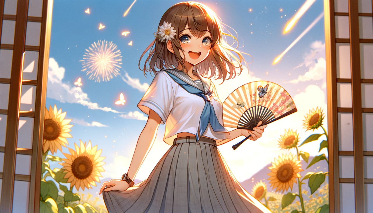 DALL·E 2024-02-17 15.17.04 - Create a wide anime-style illustration that captures the essence of summer with a female high school student. The scene is set outside during a bright