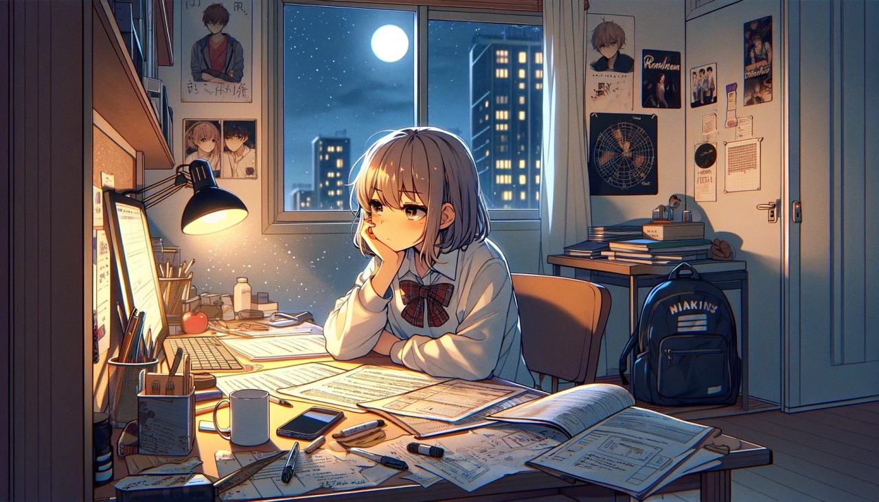 DALL·E 2024-03-30 17.14.28 - Create a wide anime-style illustration of a high school girl who lacks motivation to study. The scene is set in her bedroom, late in the evening, with