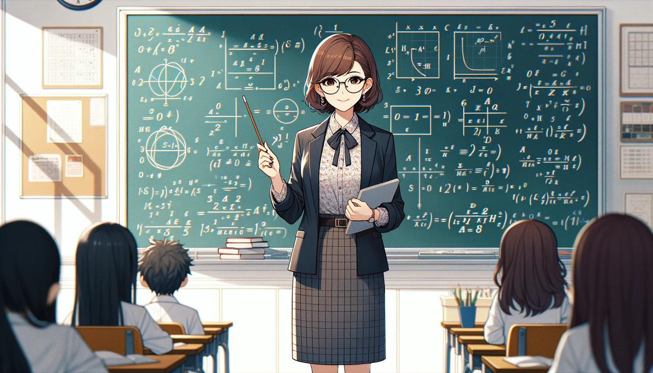 DALL·E 2024-03-26 17.06.37 - Create a horizontal anime illustration of a female math teacher. She is standing in front of a blackboard filled with complex mathematical formulas an