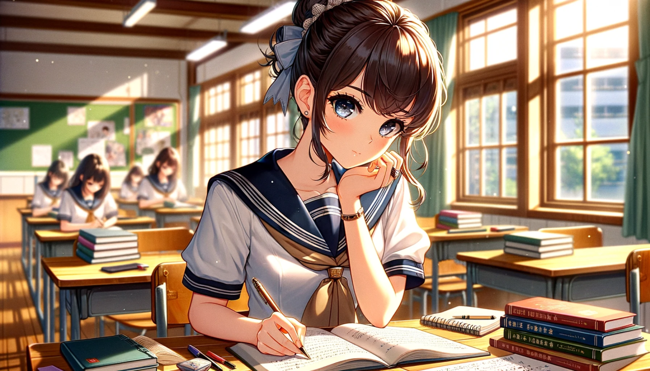DALL·E 2024-03-22 17.02.54 - Create a horizontal anime illustration of a high school girl mastering modern literature. The scene is set in a contemporary Japanese high school clas