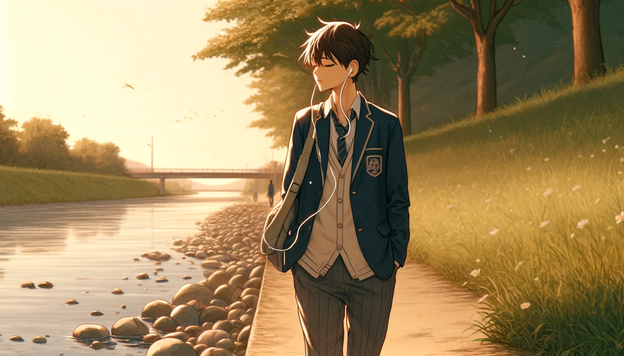 DALL·E 2024-03-30 17.14.18 - Create a wide anime-style illustration of a high school boy walking along a riverbank while wearing earphones. The boy should be casually dressed in h