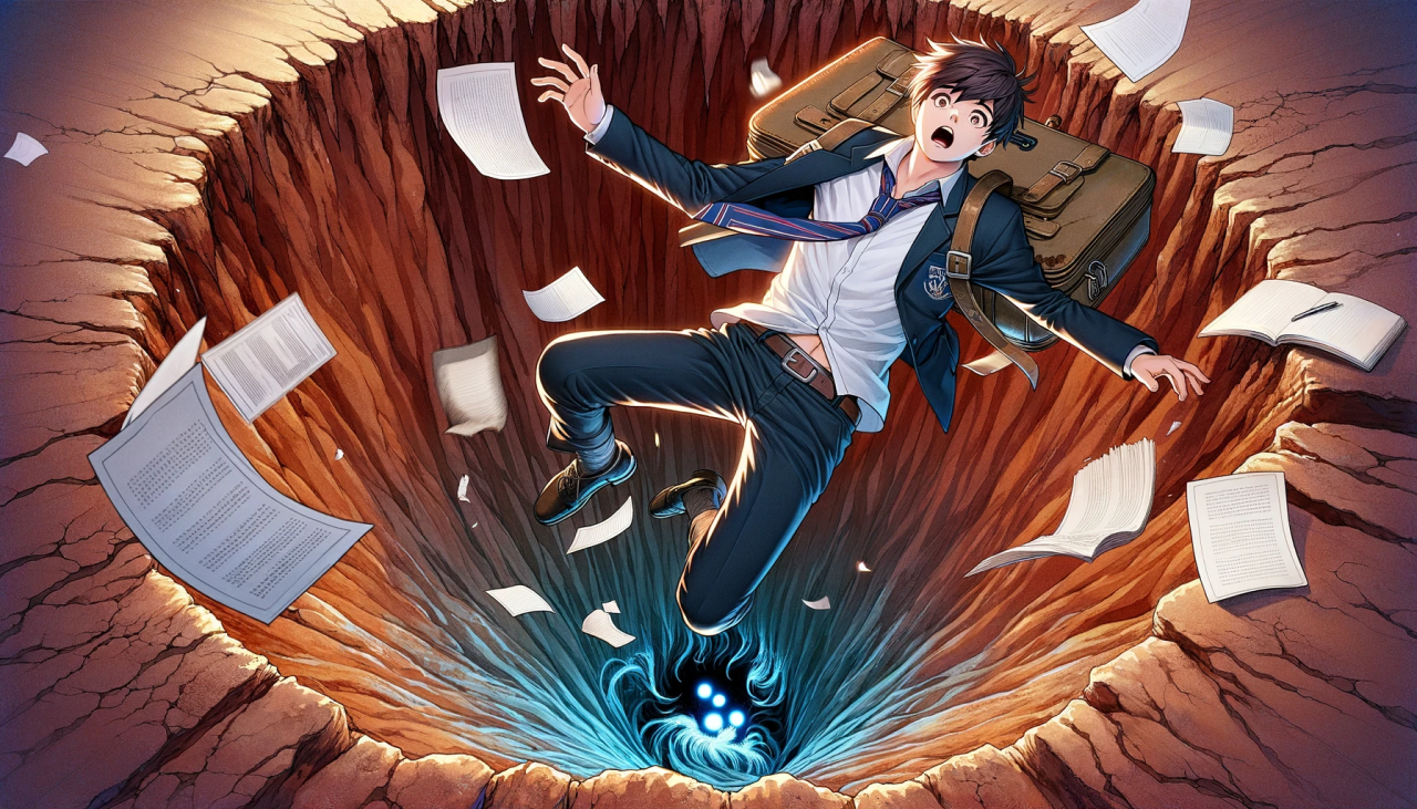 DALL·E 2024-03-12 16.51.12 - Create a wide anime style illustration of a male high school student falling into a gigantic pitfall. The student is in mid-air, his expression a mix 