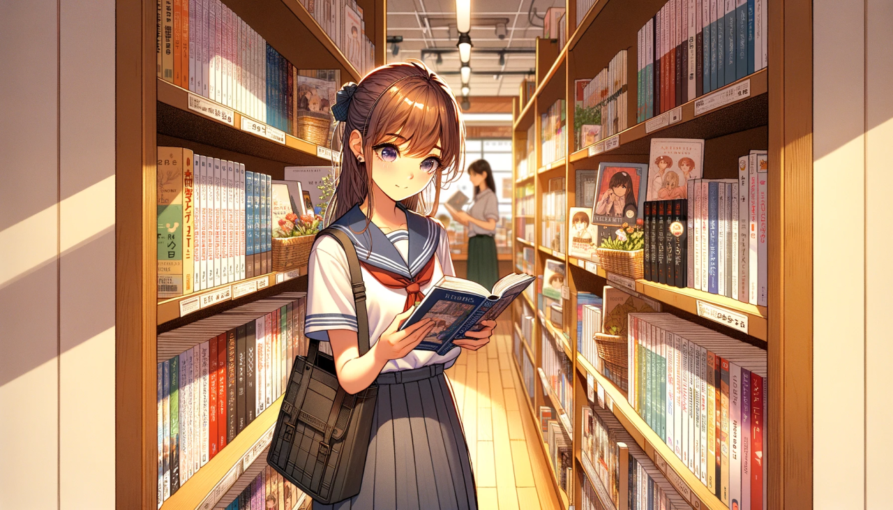 DALL·E 2024-03-12 16.51.09 - Create a wide anime style illustration of a female high school student browsing in a bookstore. She is holding a book in one hand, closely examining t