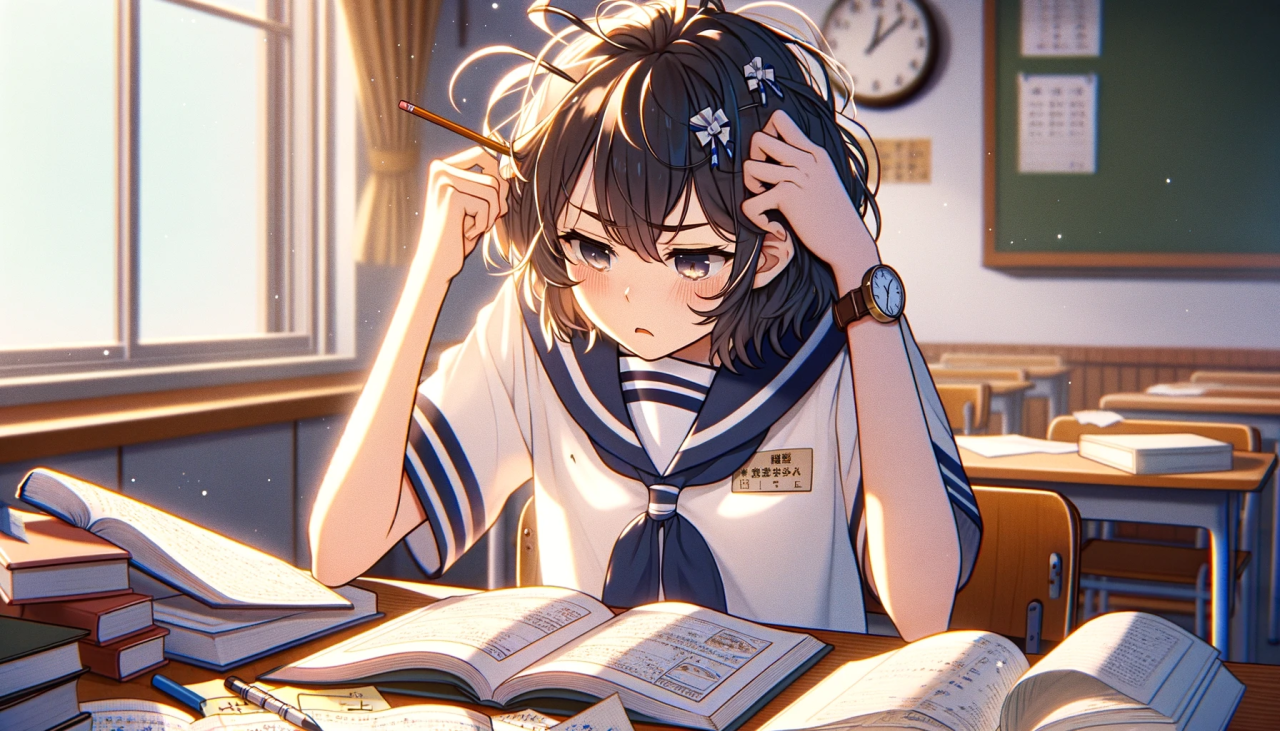 DALL·E 2024-03-22 17.02.44 - Create a horizontal anime illustration of a female high school student struggling with her studies. She is sitting at her desk, her books and papers s