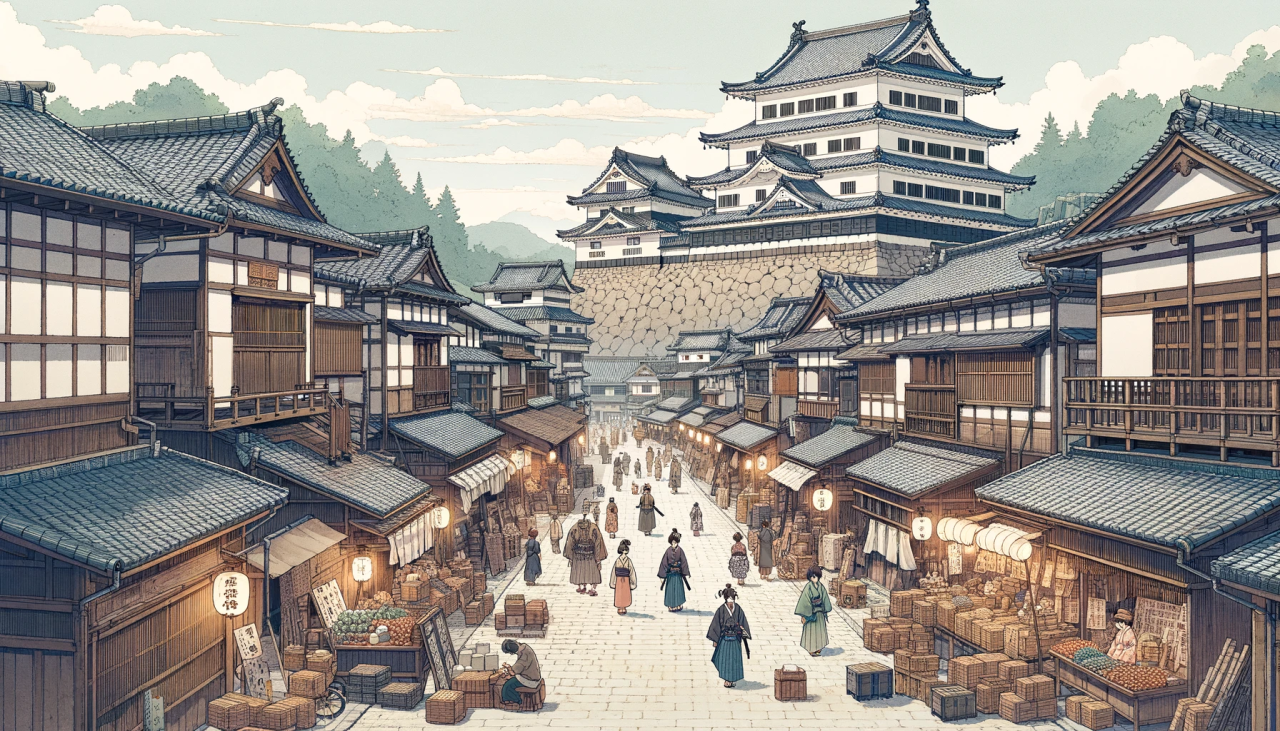 DALL·E 2024-03-28 17.33.54 - Create a wide anime-style illustration of a traditional Japanese 'jokamachi,' or castle town. The scene should include old-style wooden houses with ti