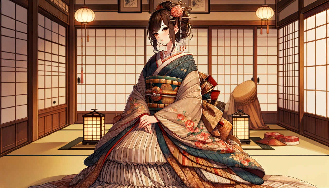 DALL·E 2024-03-28 17.33.51 - Create a wide anime-style illustration of a woman wearing a traditional Japanese jūnihitoe, an elaborate and elegant layered kimono. The woman should 