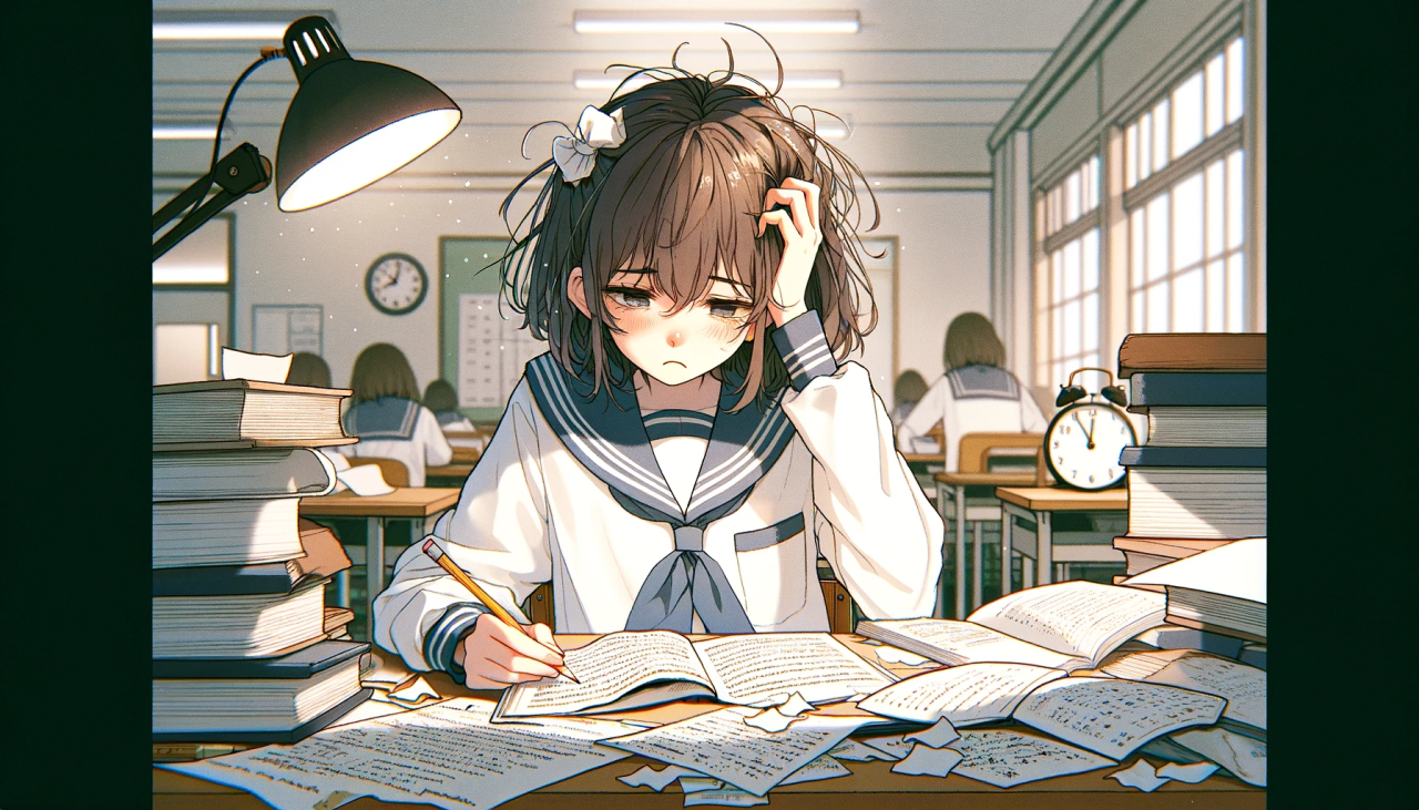 DALL·E 2024-03-26 17.07.49 - Create a horizontal anime illustration of a female high school student struggling with her studies. She is sitting at her desk, her books and papers s