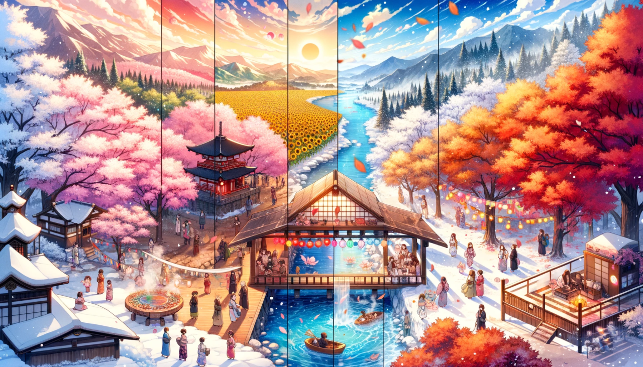 DALL·E 2024-03-28 17.33.56 - Create a wide anime-style illustration representing the four seasons in a single scene. Divide the landscape horizontally into four distinct sections