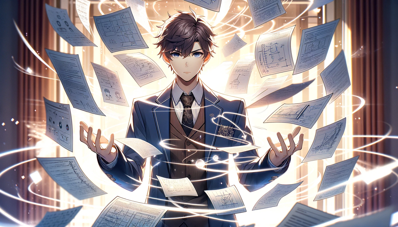 DALL·E 2024-03-08 13.40.10 - Create a wide anime style illustration of a male high school student with an array of floating notes and papers around him, as if he's magically contr