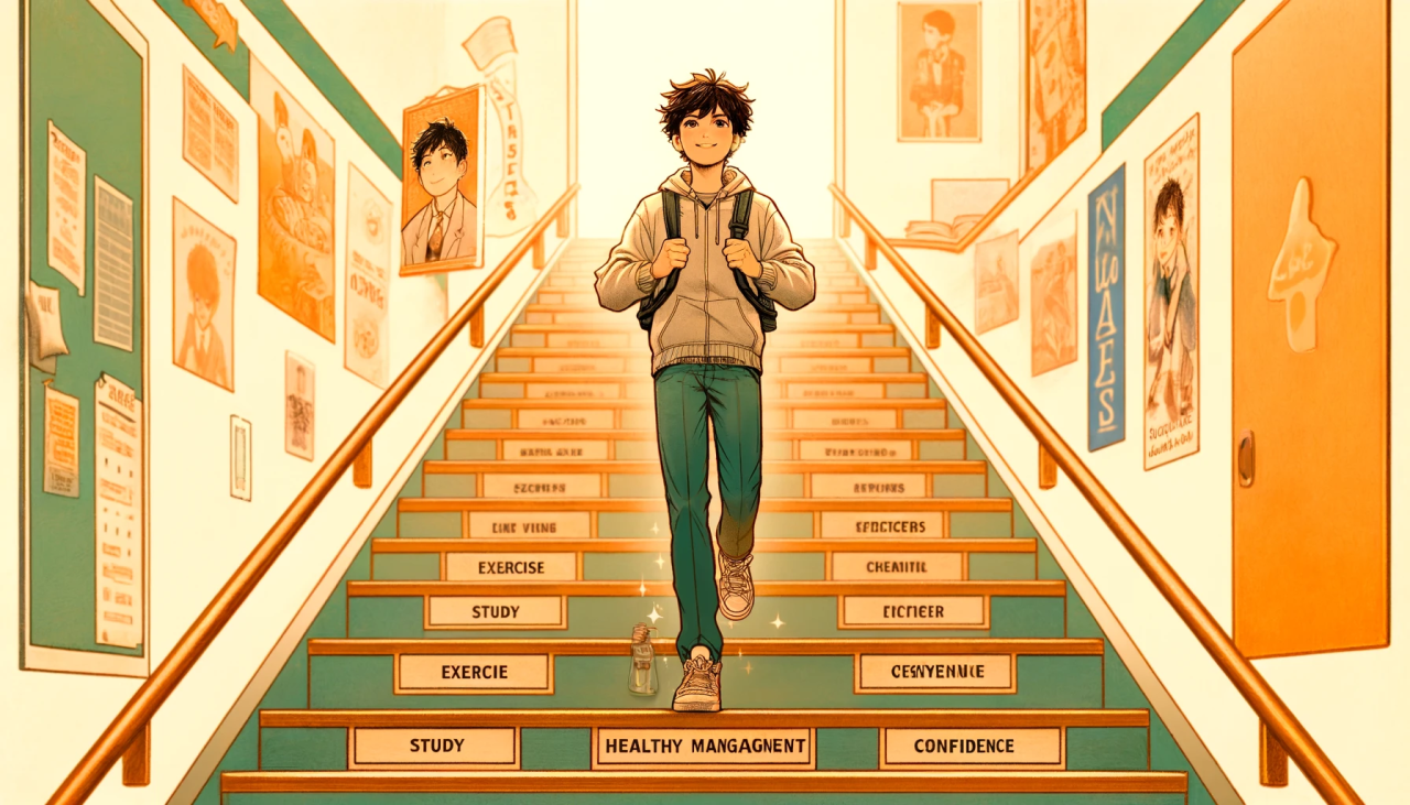 DALL·E 2024-03-30 17.14.26 - Create a wide anime-style illustration of a high school boy overcoming small steps. Visualize this metaphorically with the boy walking up a staircase 