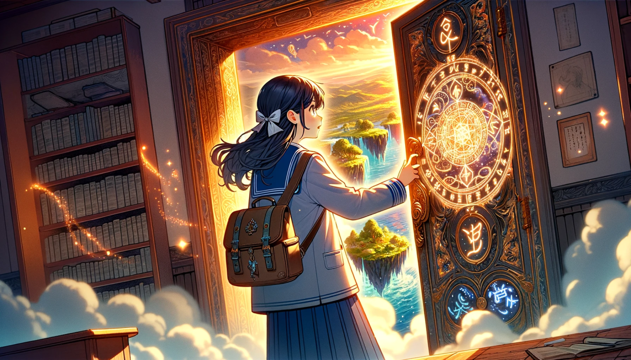 DALL·E 2024-03-12 16.51.14 - Create a wide anime style illustration of a female high school student opening a door to another world. The door is ornate and magical, with glowing r