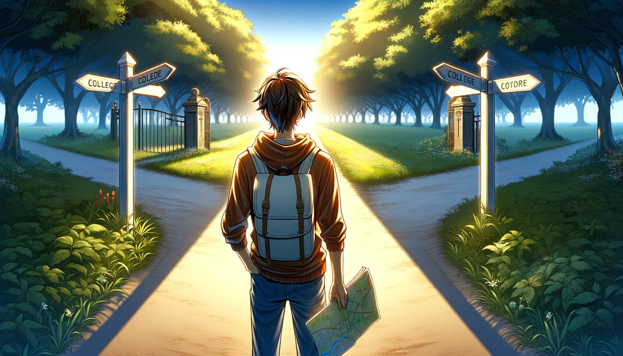 DALL·E 2024-03-08 13.40.15 - Create a wide anime style illustration of a male high school student standing at a crossroads. He looks contemplative and a little uncertain, as he ho
