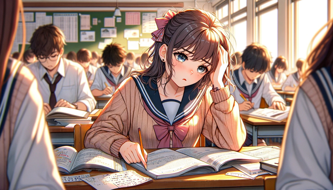 DALL·E 2024-03-08 13.40.12 - Create a wide anime style illustration of a female high school student looking troubled as she sits at her desk. She is surrounded by books and papers