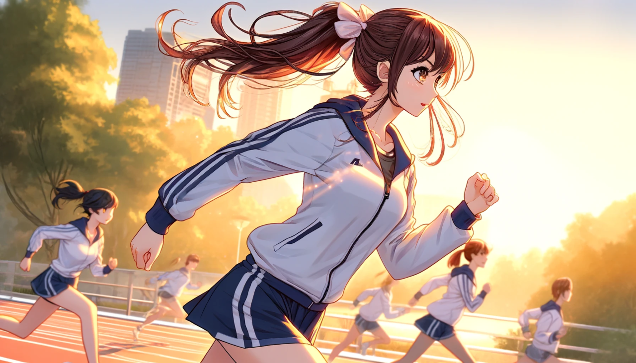 DALL·E 2024-04-13 13.56.44 - Create a wide anime-style illustration of a female high school student jogging. She is in motion, captured mid-stride with a focused and determined ex