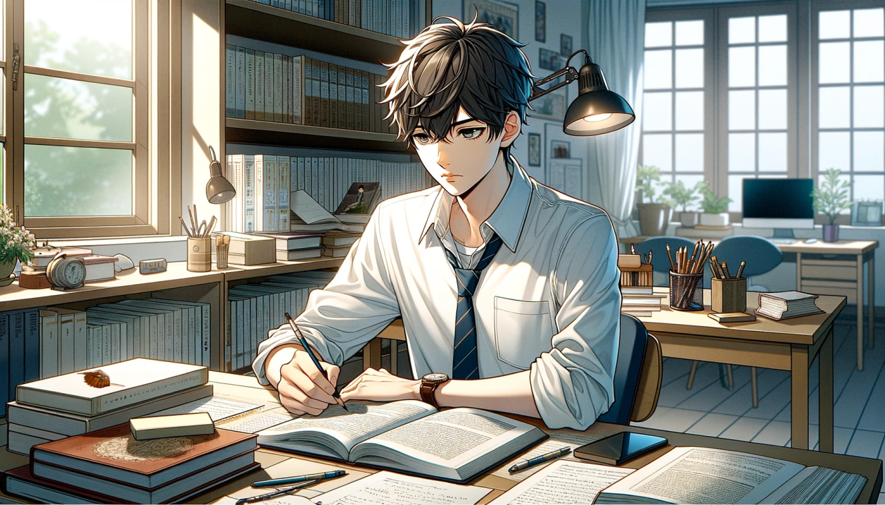 DALL·E 2024-04-04 19.42.06 - Create a wide anime-style illustration of a male high school student studying intently. He is seated at a desk in a quiet, well-lit room, his eyes foc