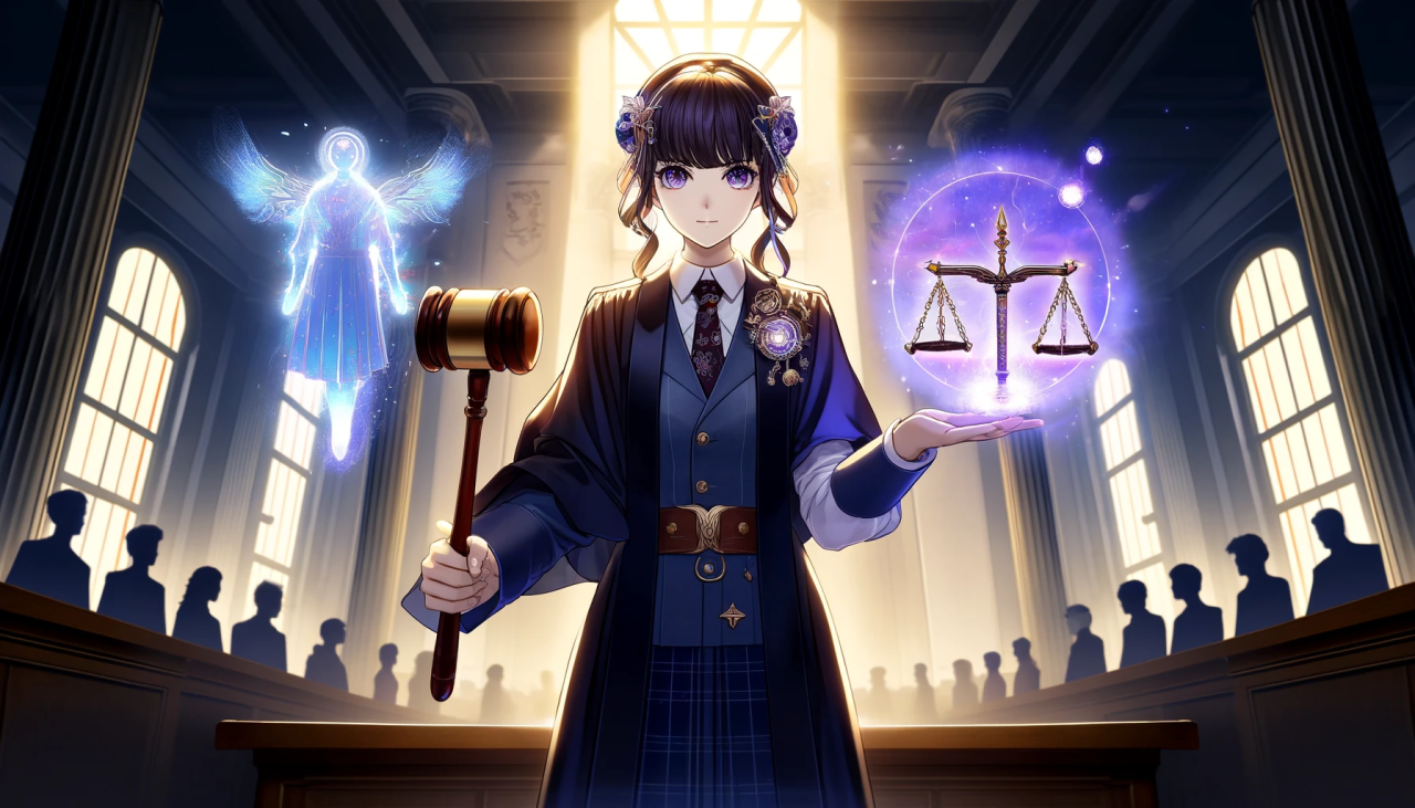 DALL·E 2024-04-11 15.13.14 - Create a wide anime-style illustration of a high school girl with the power of a 'Judge'. She stands confidently in a courtroom setting, with a blend 