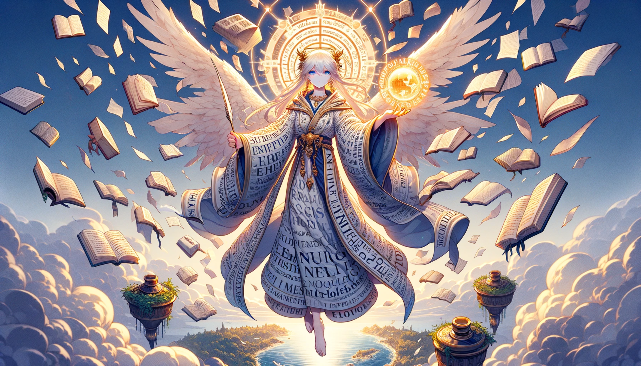 DALL·E 2024-04-06 13.43.28 - Create a wide anime-style illustration of 'The God of English'. This is a majestic character, floating above a landscape filled with iconic symbols of