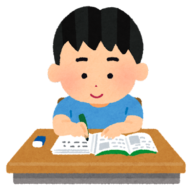 机で勉強をする生徒のイラスト（男子）