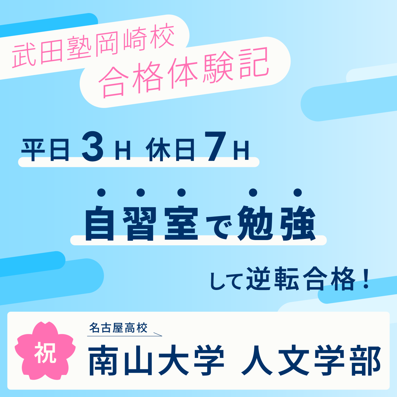 【武田塾岡崎校合格体験記】名古屋高校から毎日自習室に通い南山大学人文学部に逆転合格！