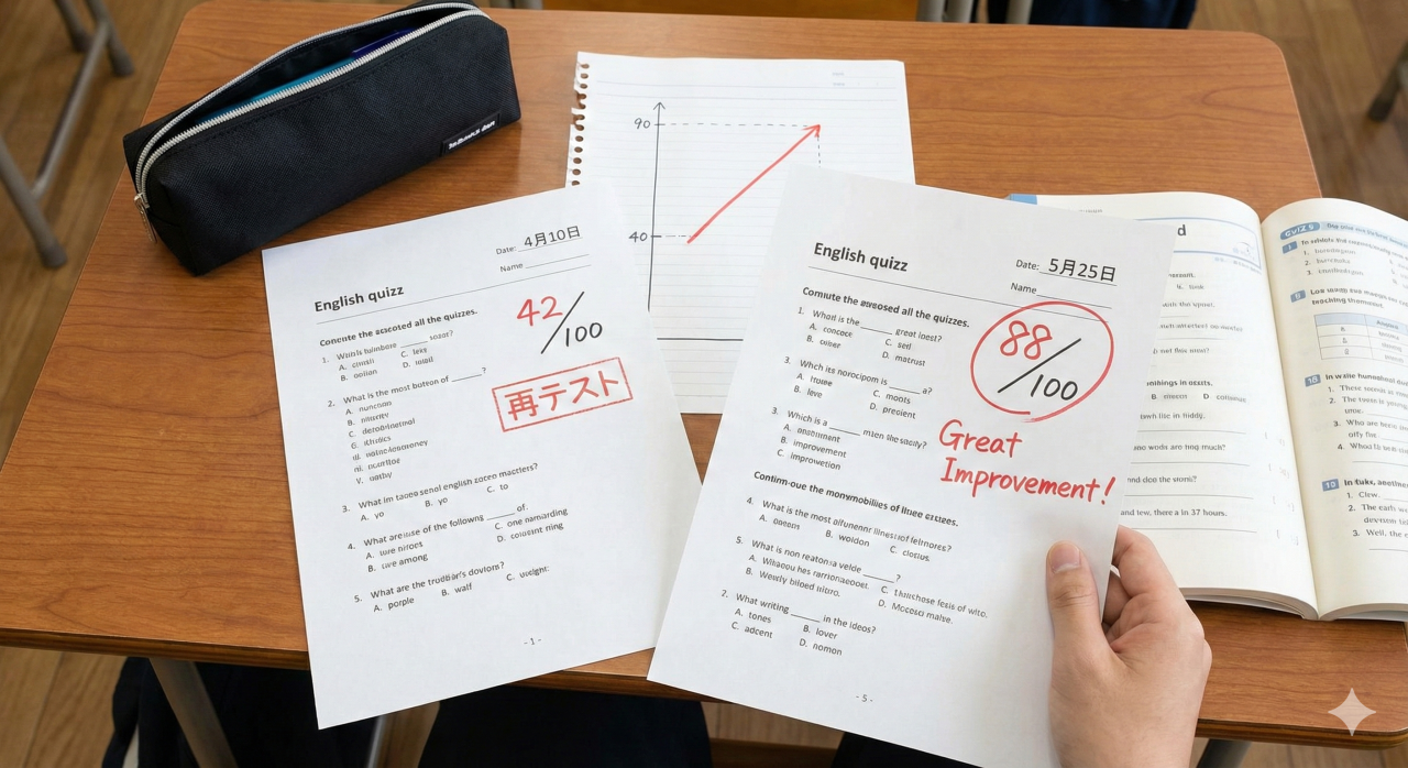 英語の小テスト点数が2倍にアップした成績推移イメージ