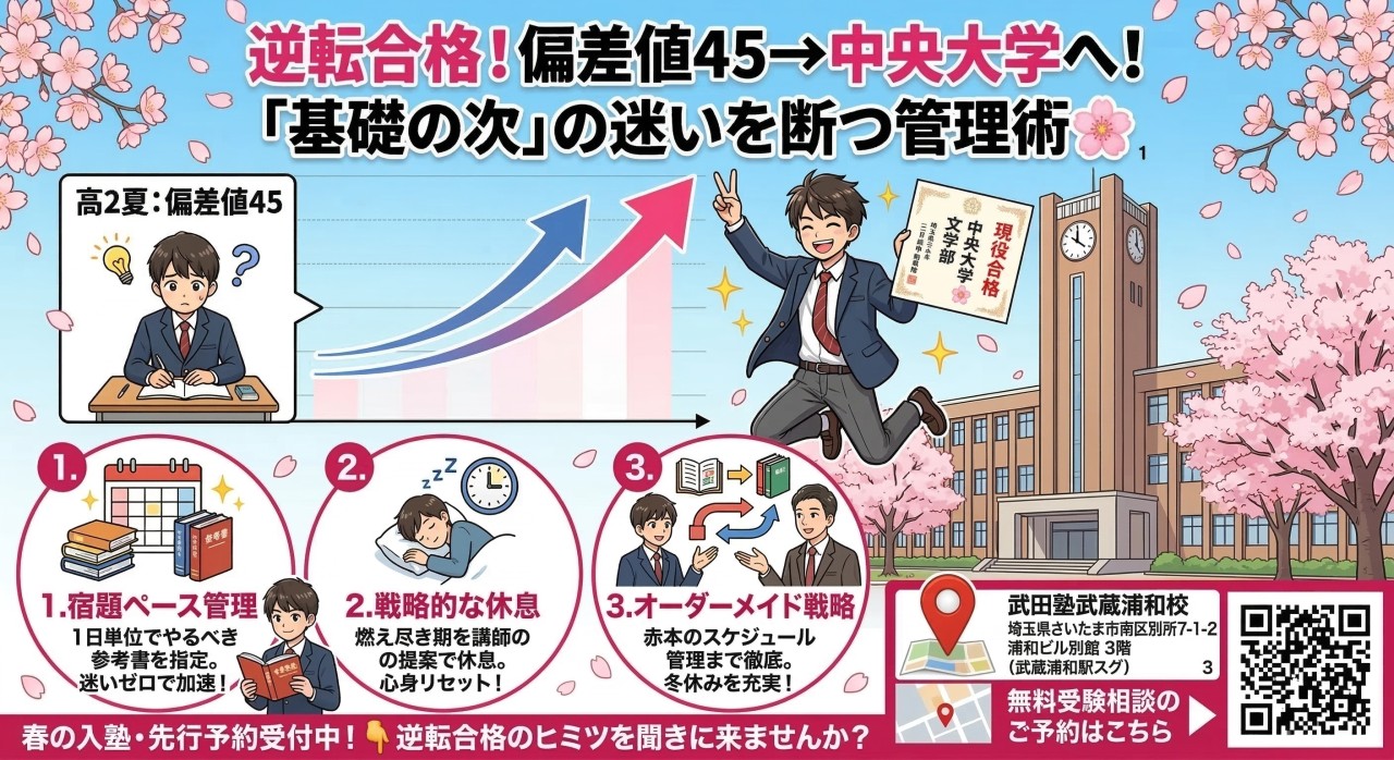 高2夏に偏差値45から中央大学へ逆転合格！宿題ペース管理の威力