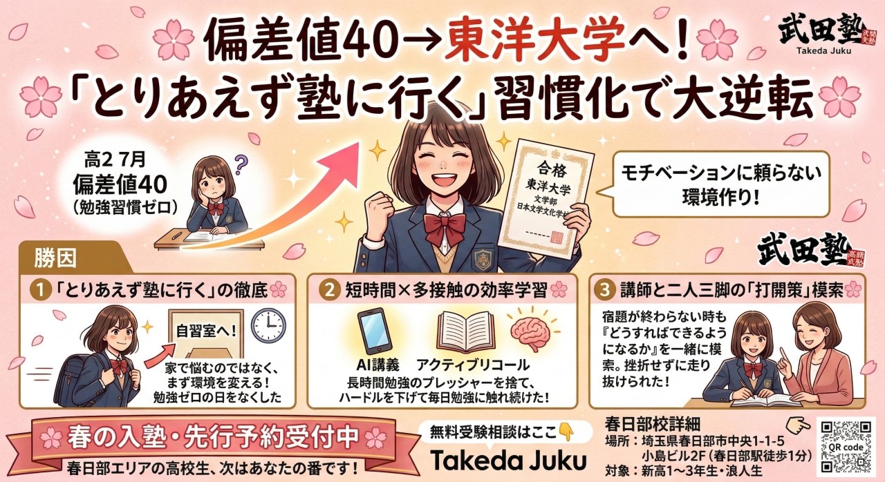 偏差値40から東洋大へ！「とりあえず塾に行く」習慣化で大逆転合格