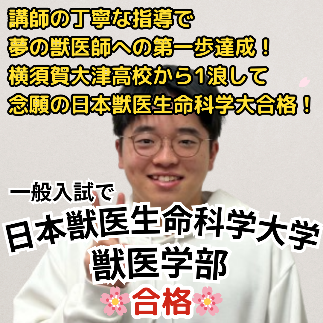 日本獣医生命科学大学に一般入試で合格！講師の丁寧な指導と自立した生活習慣により、夢の獣医師への一歩を達成！横須賀大津高校から1浪して念願の日本獣医生命科学大学に合格！【合格体験記】