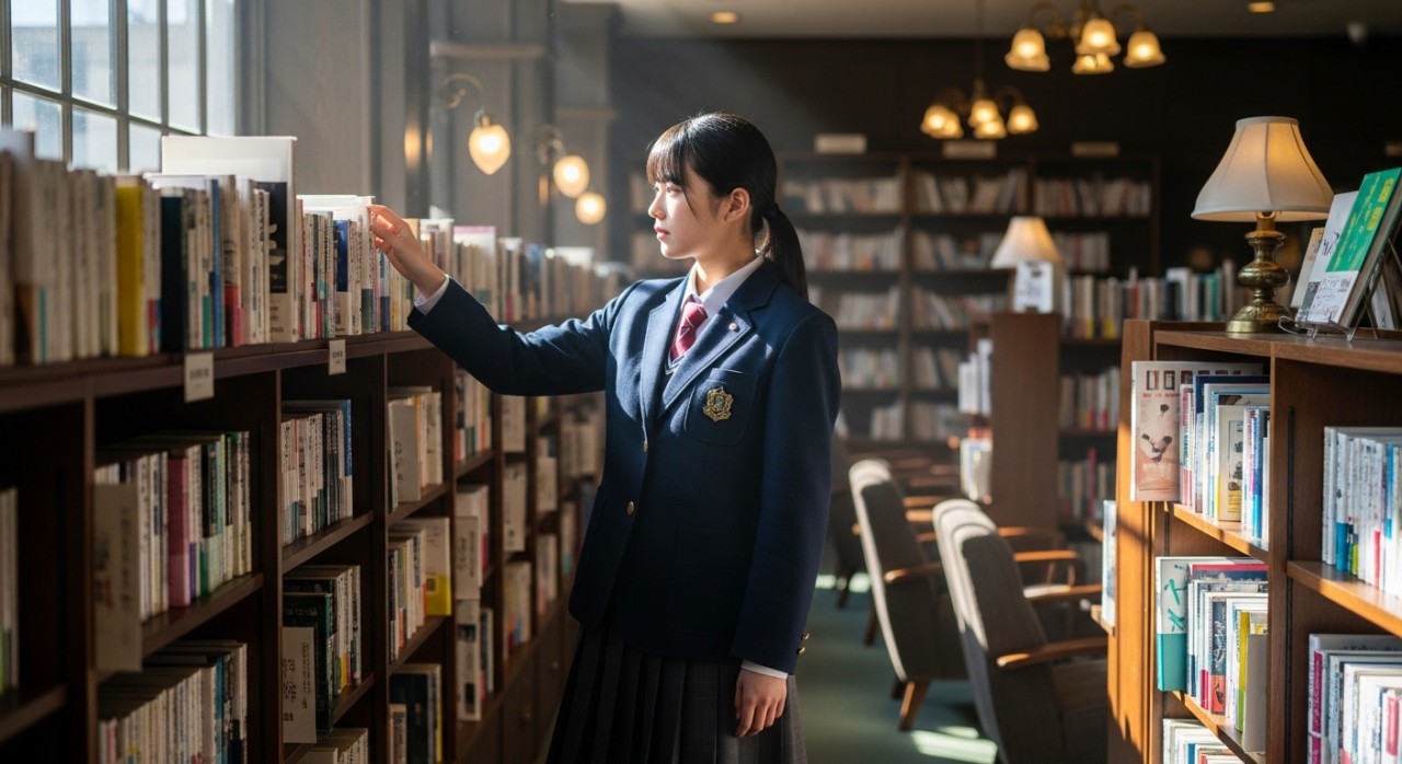 本屋で棚を見ている日本人の制服姿の学生