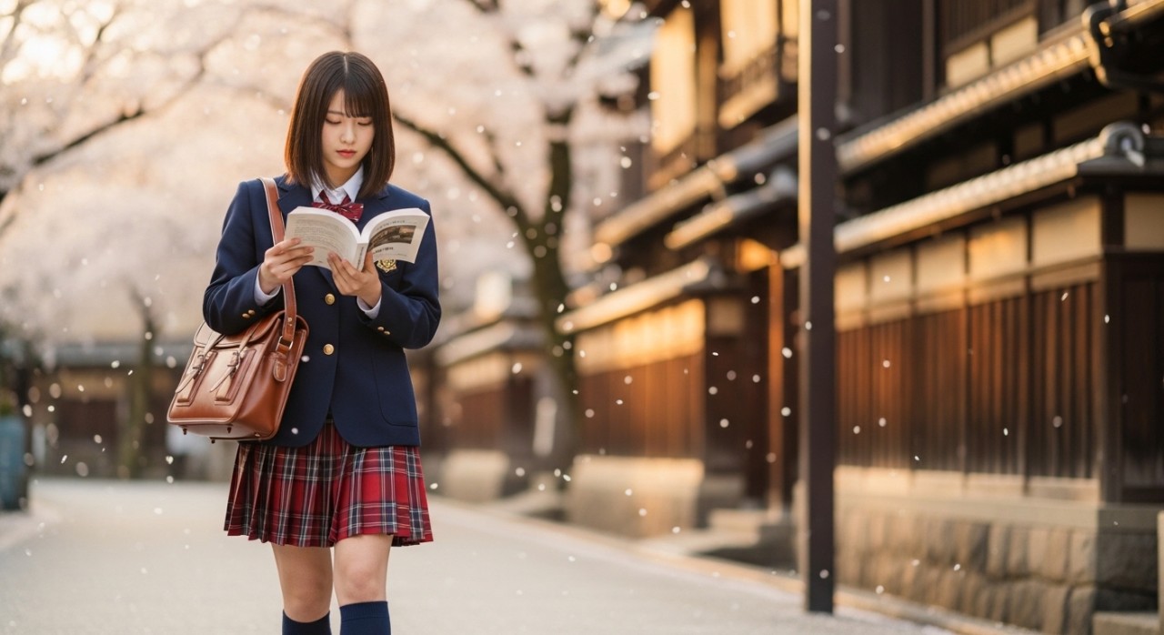 スクールバッグを担いで歩きながら本を開いて見ている日本人の制服姿の学生