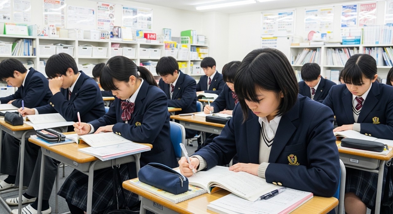 塾で勉強する日本人の制服姿の学生