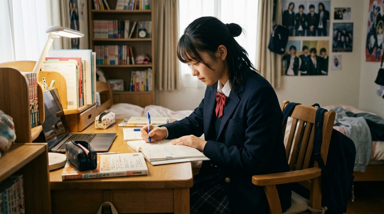 自室で、スケジュール帳に書き込みをする日本人の制服姿の学生