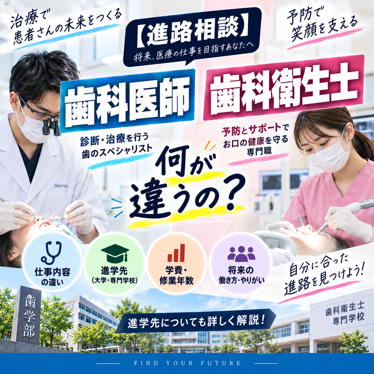 【進路相談】歯科医師と歯科衛生士って何が違うの？進学先について！