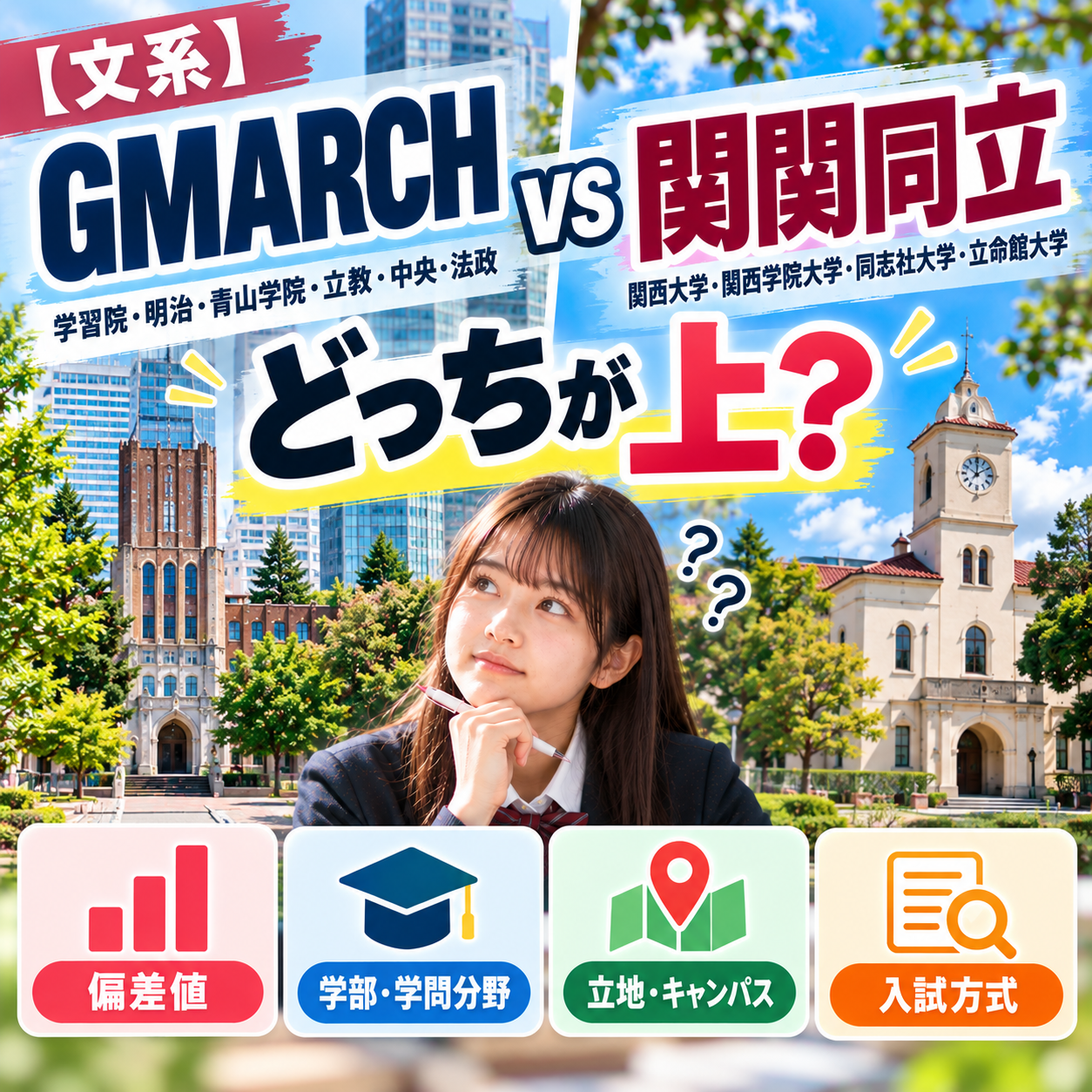 【文系】GMARCHと関関同立はどっちが上？学部・偏差値の比較